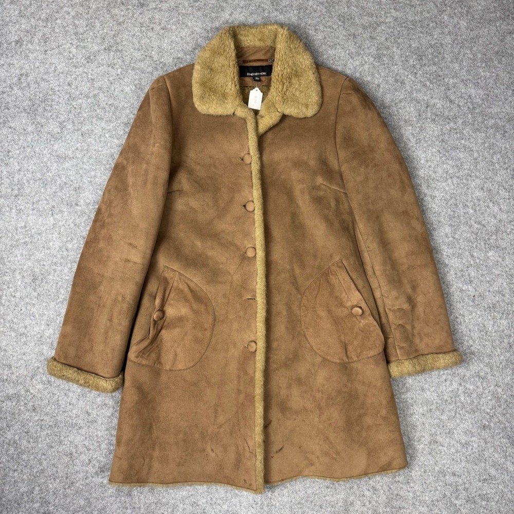 Jones New York Womens Faux‎ Suede Shearling Fur Lined Coat Brown Medium